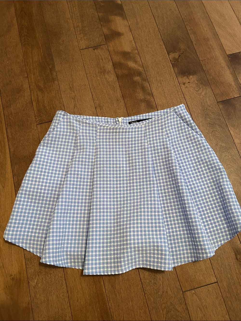 Zara Light Blue Gingham Pleated Mini Skirt skort shorts SMALL